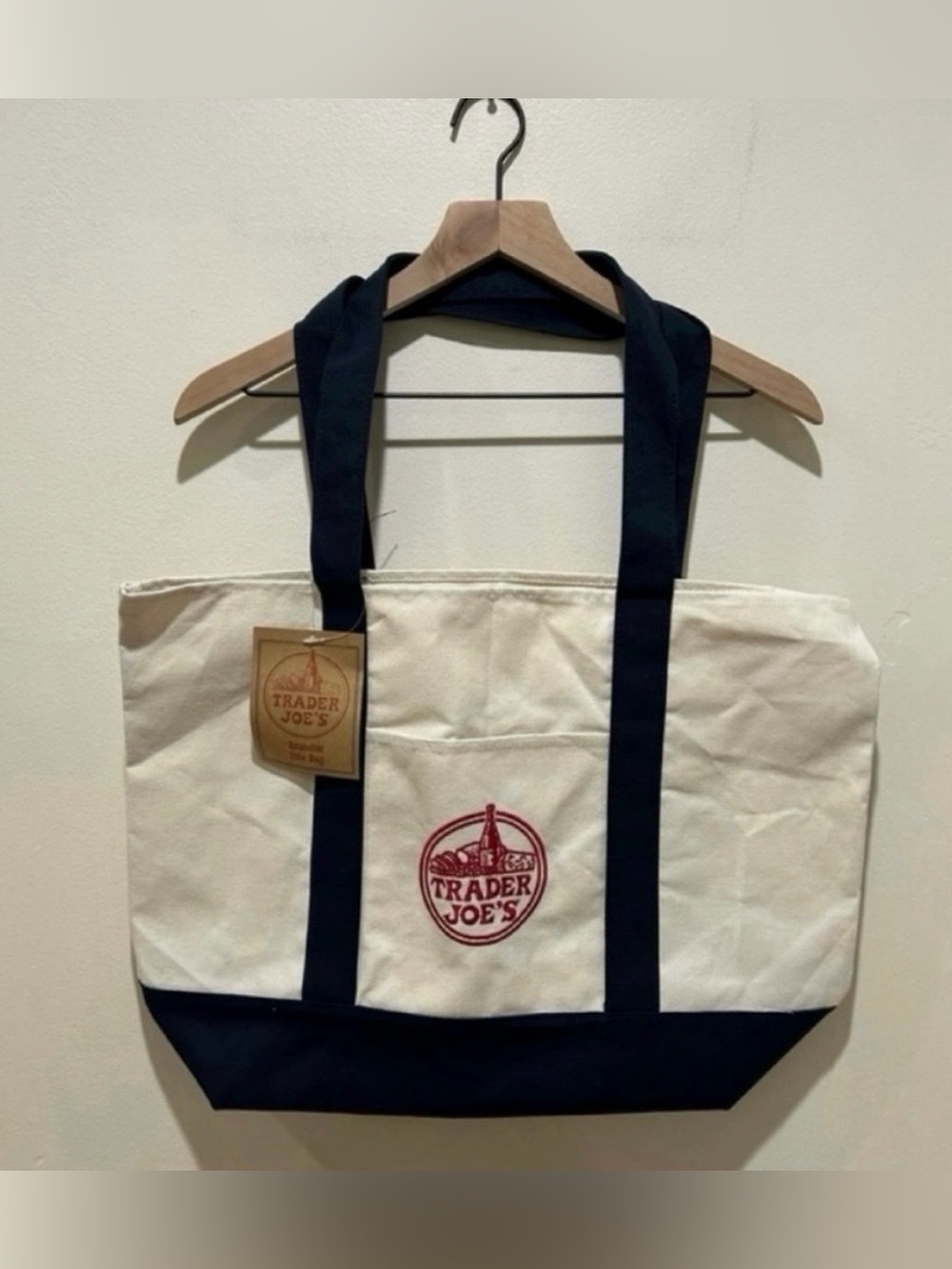 NWT Trader Joe's Reusable Canvas Tote Bag - White and Dark Blue with Red Logo